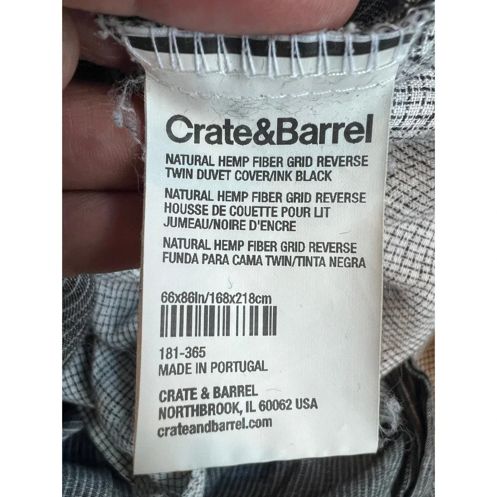 Crate & Barrel Aire Natural Hemp Ink Black Reverse Grid Twin Duvet Cover